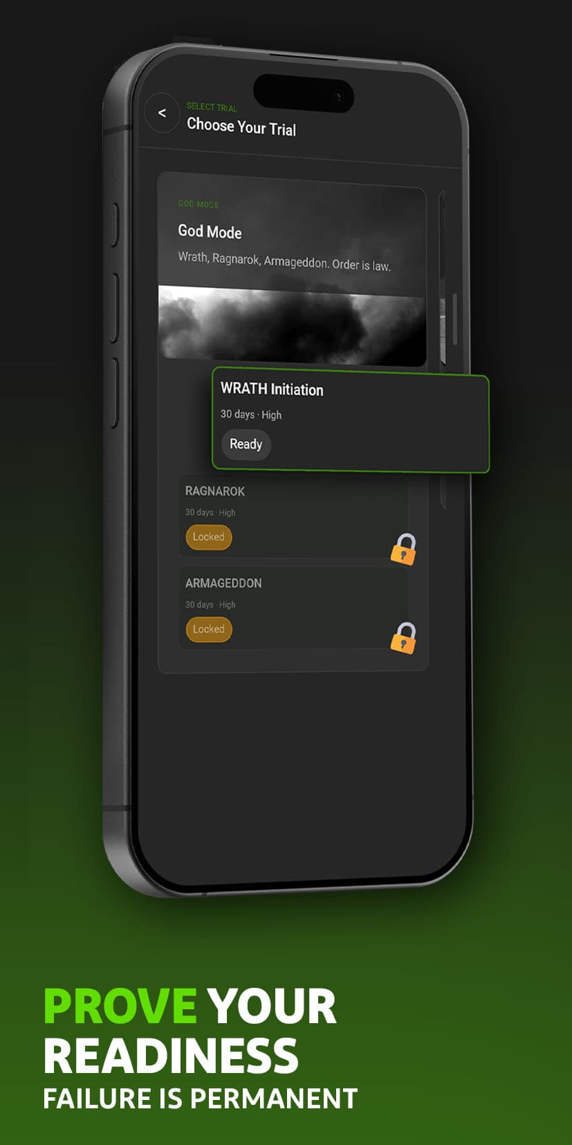 Trial selection. Wrath ready. Higher tiers locked.