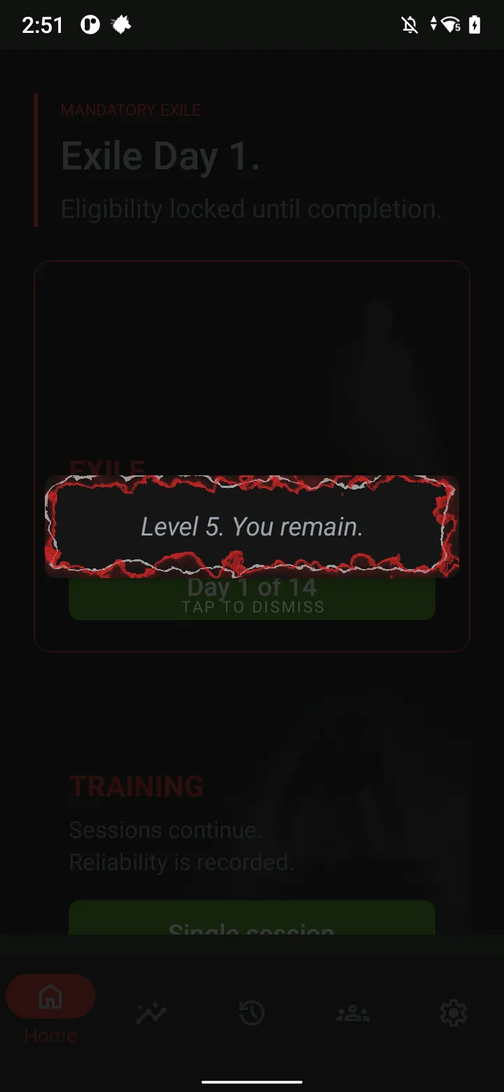 Exile home screen during mandatory exile