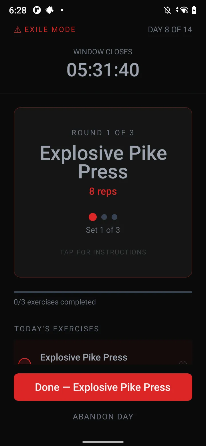 Exile day execution with exercise flow
